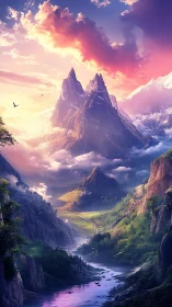Sunlit fantasy peaks rise above a glowing river valley