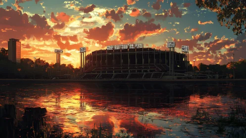 Sunset stadium silhouette mirrored in reflective waterfront basin