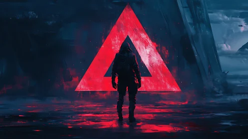 Crimson triangle hums while lone wanderer studies its glow
