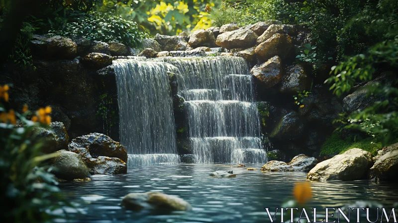 Tranquil forest waterfall cascades over mossy rock ledge