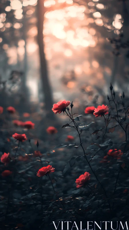Cinematic bokeh forest with crimson roses in soft dusk light.