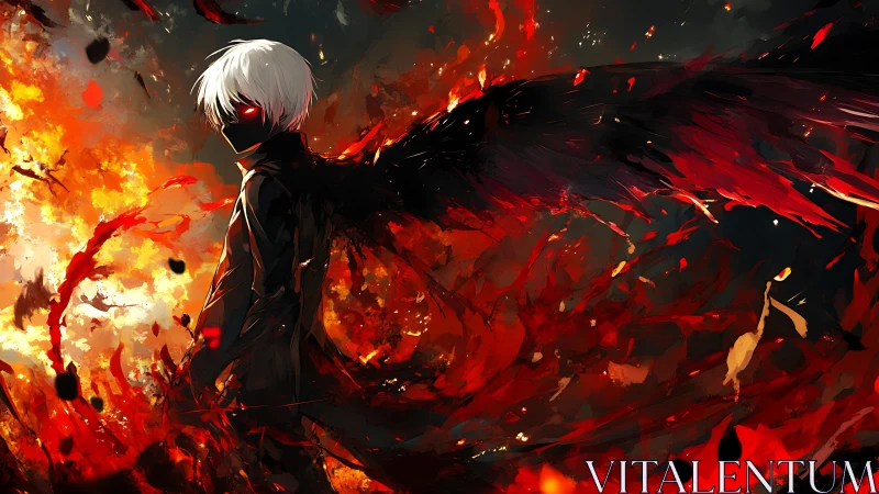 White haired masked figure with black wings in burning sky.