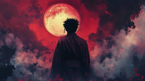 Lone wanderer gazing at a glowing red moon in stormy sky.