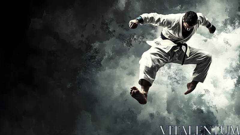 Martial artist executes dynamic airborne kick in chiaroscuro lighting