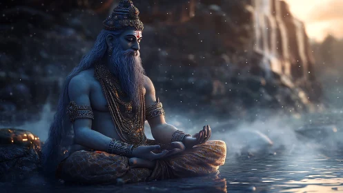 Blue-skinned sage meditates on river rock at dusk.