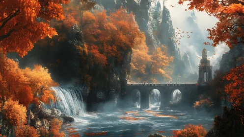 Autumnal fantasy gorge with stone bridge, waterfalls and spires