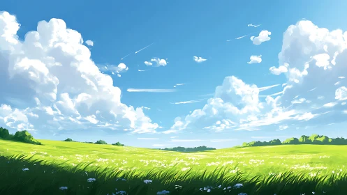 Endless summer meadow under vast drifting clouds.