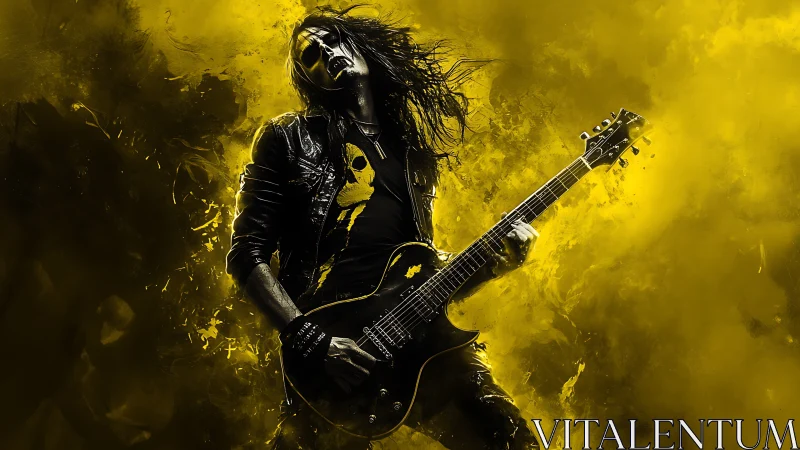 Electric rock guitarist in yellow-black high contrast haze.