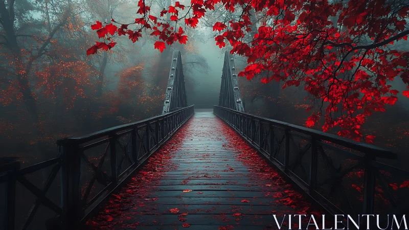 Moody forest bridge leads into mist beneath crimson leaves