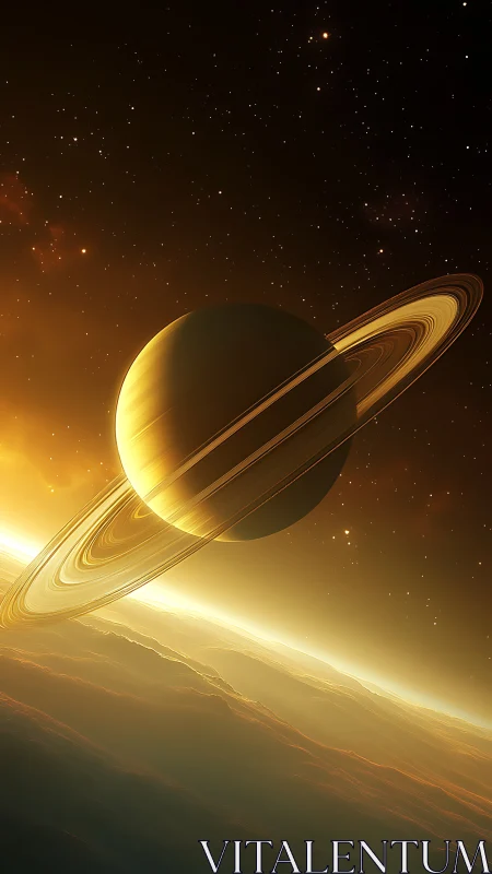 Radiant ringed planet over luminous golden horizon.