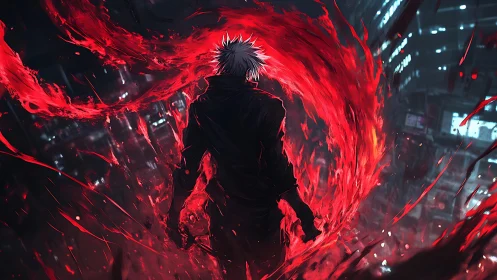 Crimson vortex crowns a lone fighter above neon ruins