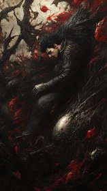 Dark warrior entwined in crimson organic abyssal roots.