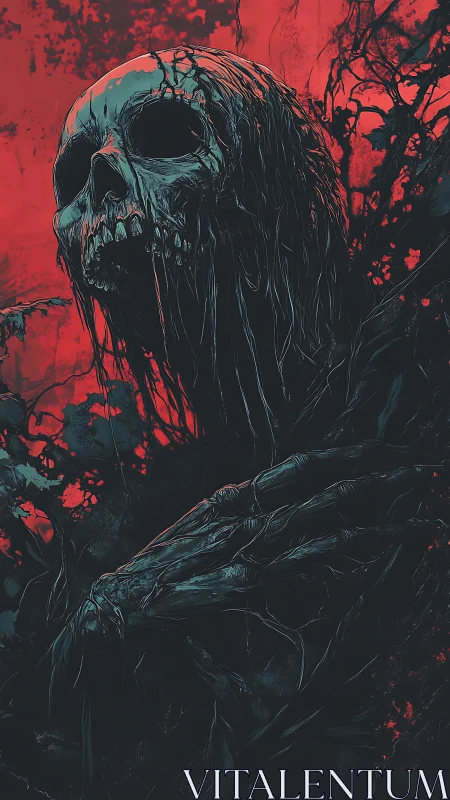 Decayed skeletal wraith rises against bloodred sky