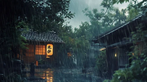 Traditional Japanese houses in heavy evening rainstorm.