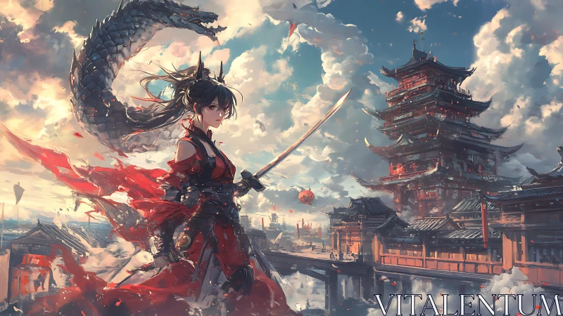Samurai heroine with serpentine dragon over neo-feudal citadel.