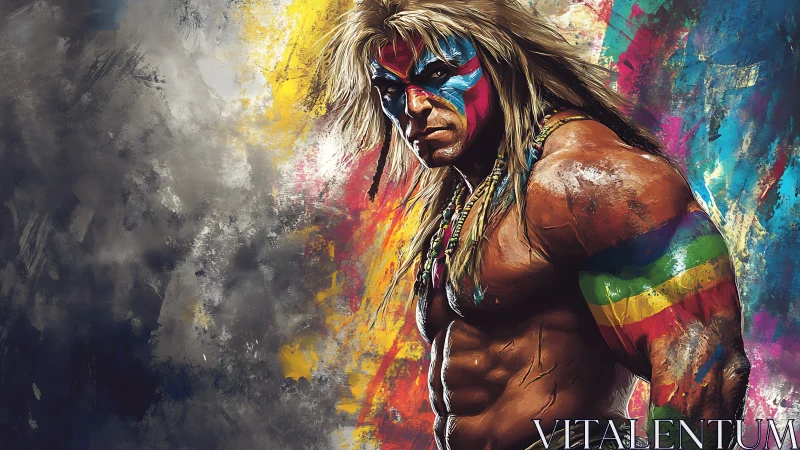 Muscular warrior in tribal paint emerges from abstract color field