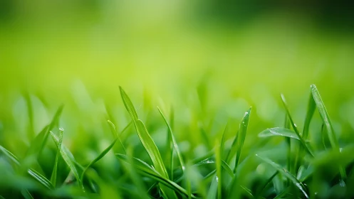 Gentle green grass blades sparkling with fresh morning dew.