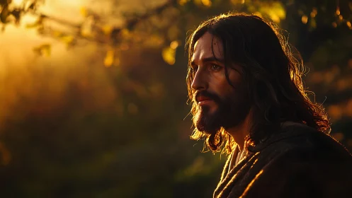 Male figure in side profile under warm sunset illumination.