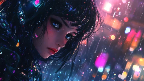 Neon soaked girl gazes through rain in cyberpunk city night.