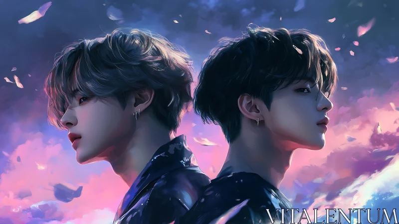 Backlit dual portrait of mirrored youths in iridescent sky glow
