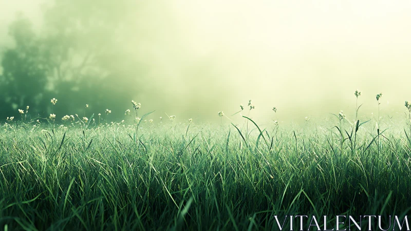 Morning hush over dew-bright meadow in pale green light.