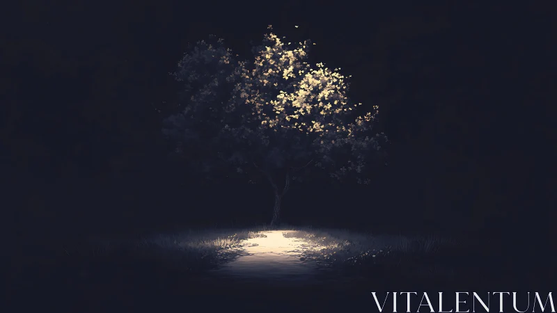 Lone moonlit tree spilling quiet radiance into the dark.