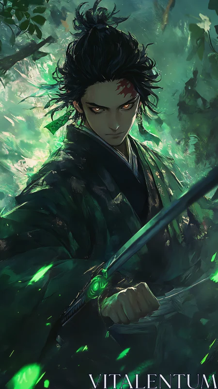 Emerald embers whirl as the forest-blade warrior advances