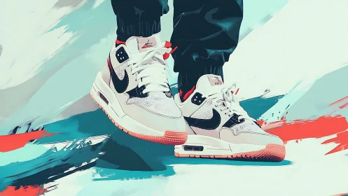 Brushstrokes sprint beneath bold sneakers catching city light