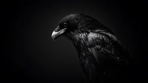 Monochrome corvid portrait in high-contrast chiaroscuro lighting.