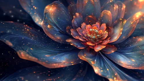 Starlit nebula blossom unfolding in molten midnight petals.