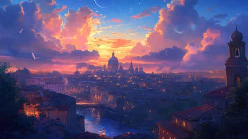 Twilight river cityscape with domed skyline and glowing clouds