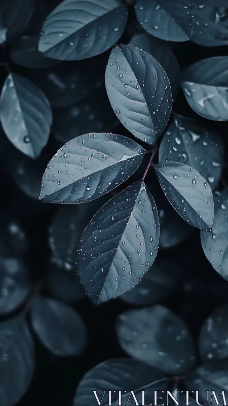 Macro botanical study of rain-dappled foliage in low key tone.