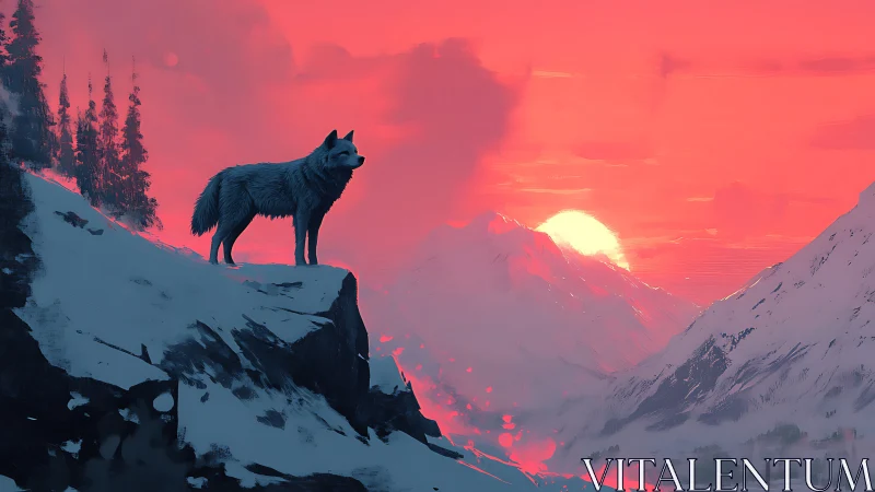 Wolf on snowy cliff overlooking red sunset sky.