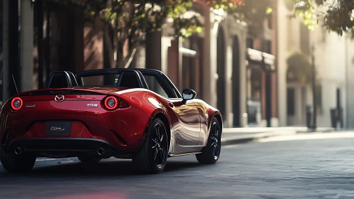 Crimson roadster basks in soft city light, promising escape.