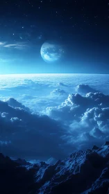 Silent blue exoplanet above luminous cloud ocean vista.
