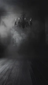 Glimmering chandelier gently brightens a shadowy wooden hall