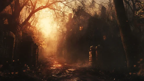 Haunted forest manor glowing through burning dusk light.