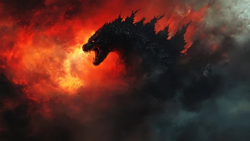 Colossal fire-lit monster emerging through infernal storm.
