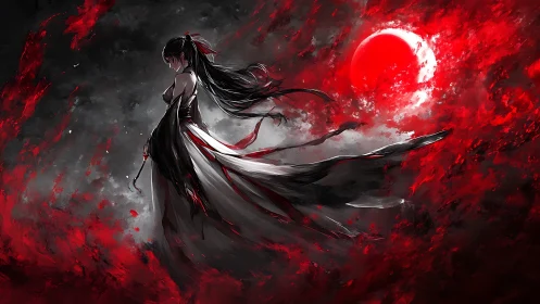 Figure stands before red celestial body in turbulent field