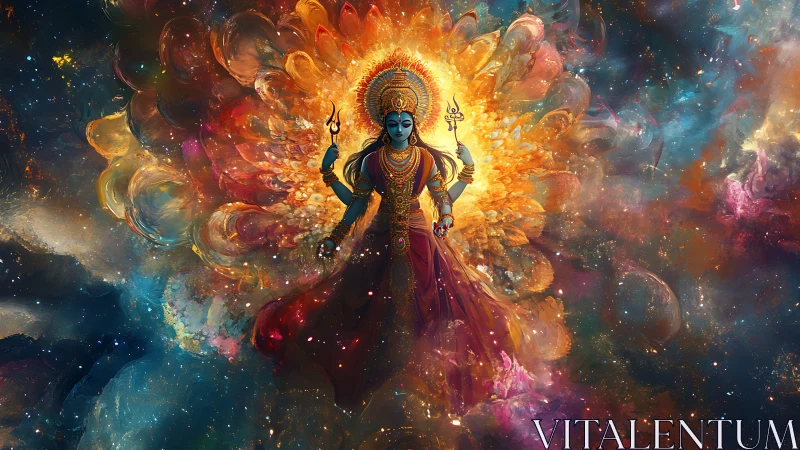 Cosmic goddess rising in swirling nebula light and color.