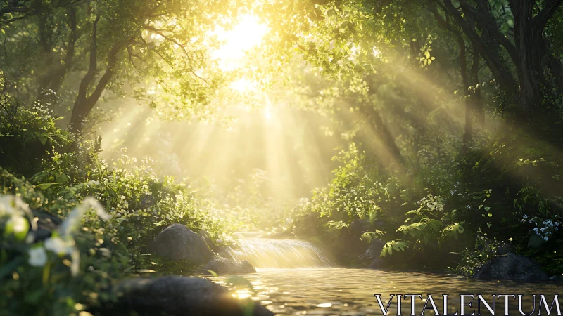 Sunlit woodland stream with luminous misty rays of dawn.