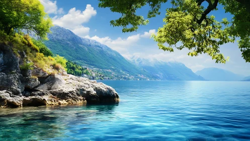 Sunny coastal lake with rocky shore and distant mountains.