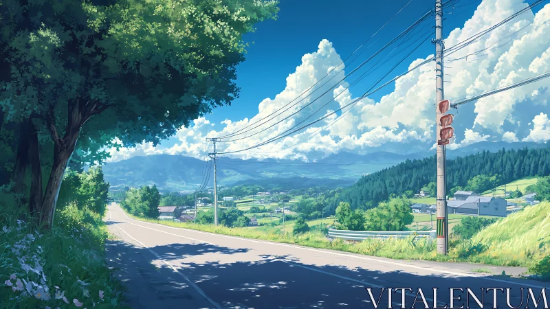 Lazy summer road over sleepy fields under cloud castles.