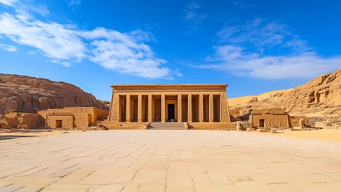 Golden desert temple invites calm steps across sunlit stone