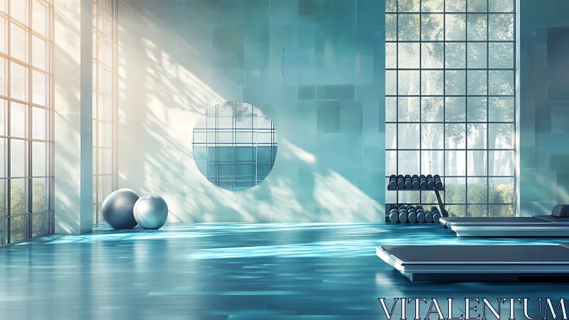 Sunlit minimalist gym interior with reflective glass walls.