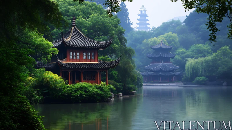 Lakeside pagodas resting in misty emerald garden calm.
