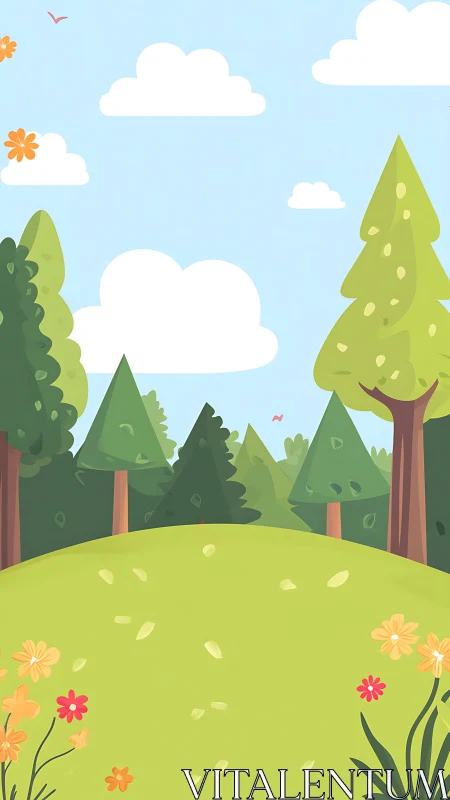 Verdant Landscape with Layered Arboreal Elements and Chromatic Cloud Formation.