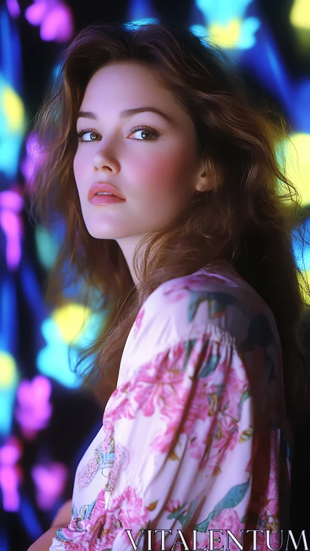 Soft bokeh portrait of young woman in floral kimono, neon backdrop
