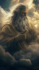 Celestial patriarchal figure emerging from stormlit cumulus