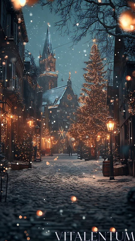 Snowy European street with church and lit Christmas tree.